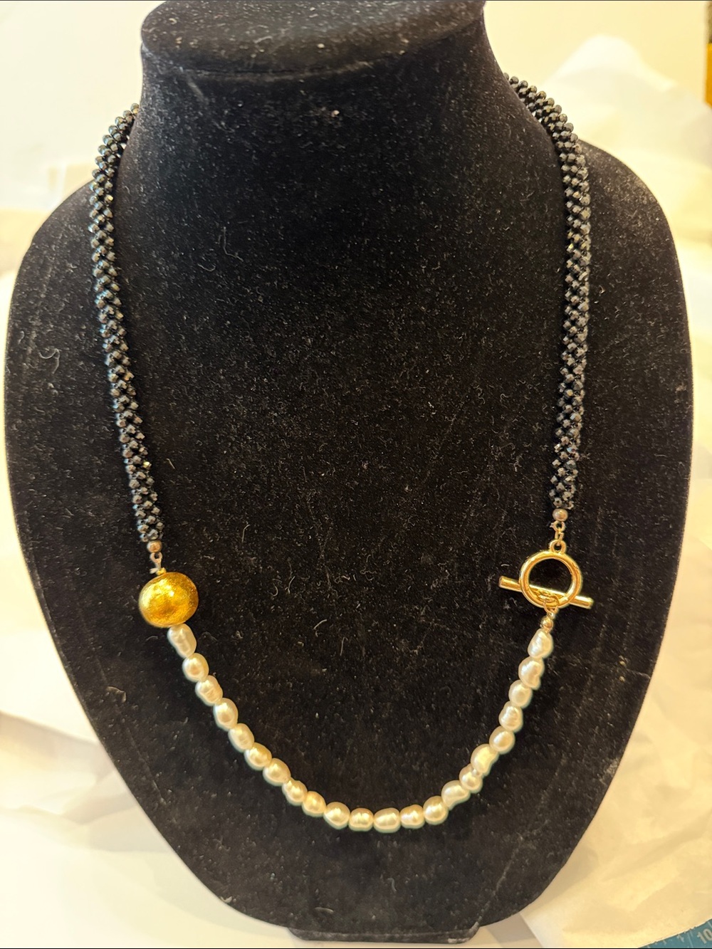 Gold Accent Freshwater Pearl Necklace with Black Braided Cord - Women's Jewelry